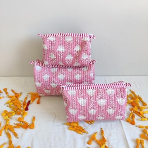 Rosa Blumendruck Kulturtasche, Vintage Make-up Tasche Reisetasche Schminktasche, Gesteppte Waschtasche Boho Gesteppte Beutel für Kosmetiktasche, Frauentasche