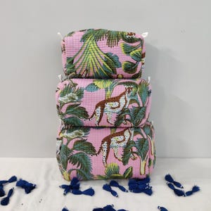 Pikowana bawełna z motywem dżungli | Kosmetyczka | Etui na pędzle do makijażu w stylu vintage z zamkiem błyskawicznym | Etui na długopisy | Prezent dla nauczyciela | Uroczy piórnik, prezent dla mamy