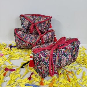 3er Set Kosmetiktäschchen - Blockprint Taschen - Gesteppte Kosmetiktasche - Kulturtasche 3er Set - Kulturtasche Mit Henkel, Kosmetiktaschen für Damen