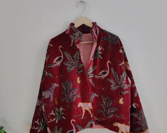 Jungle Print Velvet Kimono Jacket, Morning Tea Velvet Coat, Bridesmaid Robe, Women Wear Cotton Velvet robe, Velvet Jacket Velvet Bridal Robe