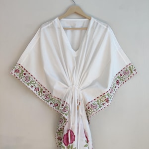 Indian Hand Block Print Floral Kaftan Dress, Women Long Caftan Dress, Beach Cover Up, Flower Block Print Sleepwear Maxi Dress, Loungewear