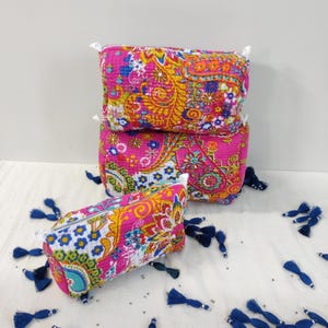 Pink Floral Make Up Bag, Vintage Indian block Print Toiletry Bag, Quilted Fabric Cosmetic Bag, Toiletry Travel Pouch, Quilted Colorful bag,