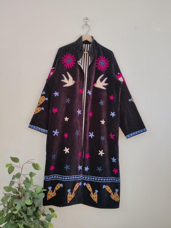 Black Suzani Velvet Duster Coat, Long Floral Embroidered Velvet