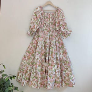 Vestido maxi bohemio de algodón con estampado floral, estampado a mano, estilo veraniego, para mujer, para fiesta en la playa, estilo étnico indio, 100 % algodón.