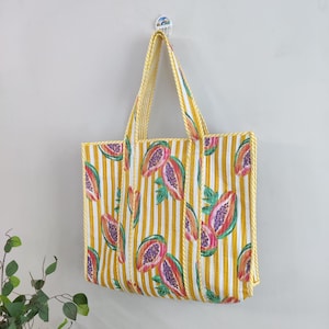 Quilted Cotton Hand printed Reversible Large Carry Bag Floral Tote Bag Eco friendly Sustainable Sturdy Grocery Shopping Handmade Art Boho