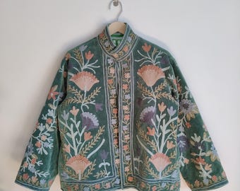Green Velvet Hand Embroidered Suzani Jacket - New Velvet Suzani Jacket, Velvet Fabric, Bohemian Women Suzani Coat, Embroidered Suzani Jacket