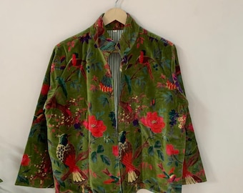 Green Bird Print Velvet Kimono Robes, Morning Tea Velvet Coat, Bridesmaid Robe, Women Wear Cotton Velvet robe, Velvet Jacket, Bridal Robe