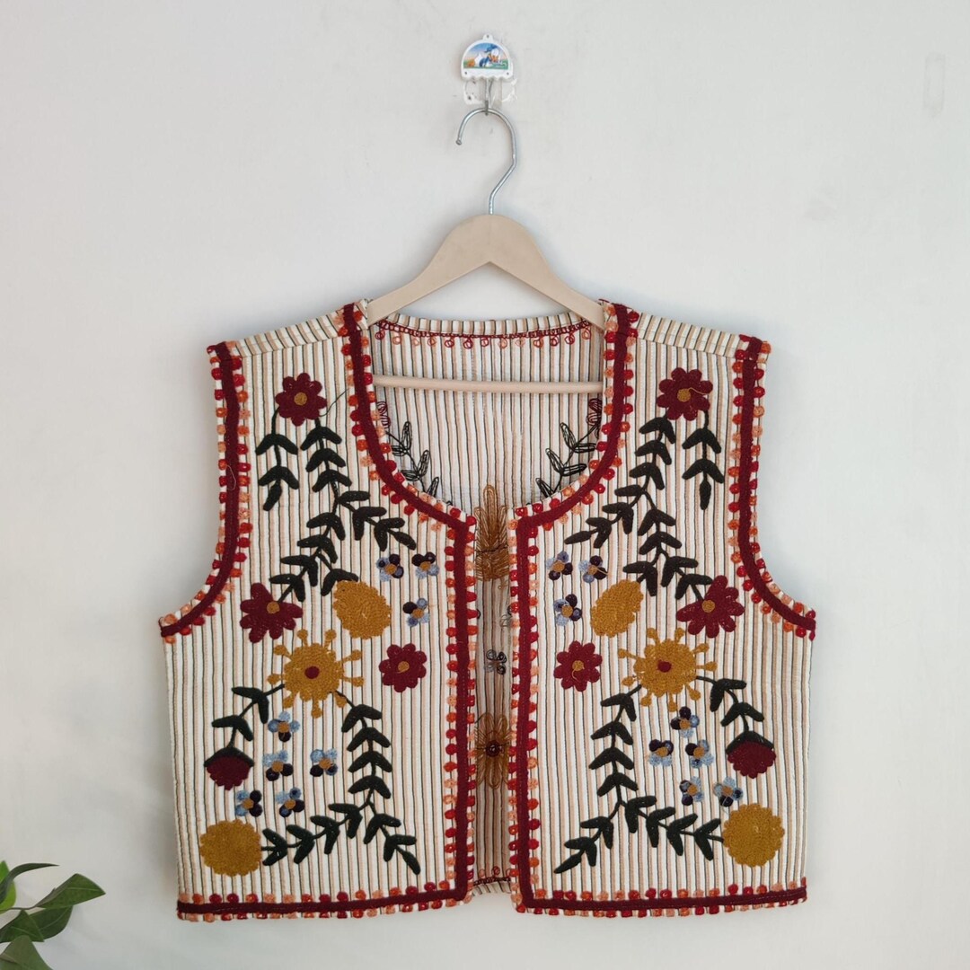 Handmade Quilted Suzani Embroidered Vest – Bohemian Floral