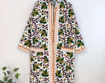 Suzani Hand Embroidered Long Kimono, Winter Warmed Coat For Women, Cotton Suzani Long Coat Jacket, Multi Color Embroidered Long Kimono Robe,