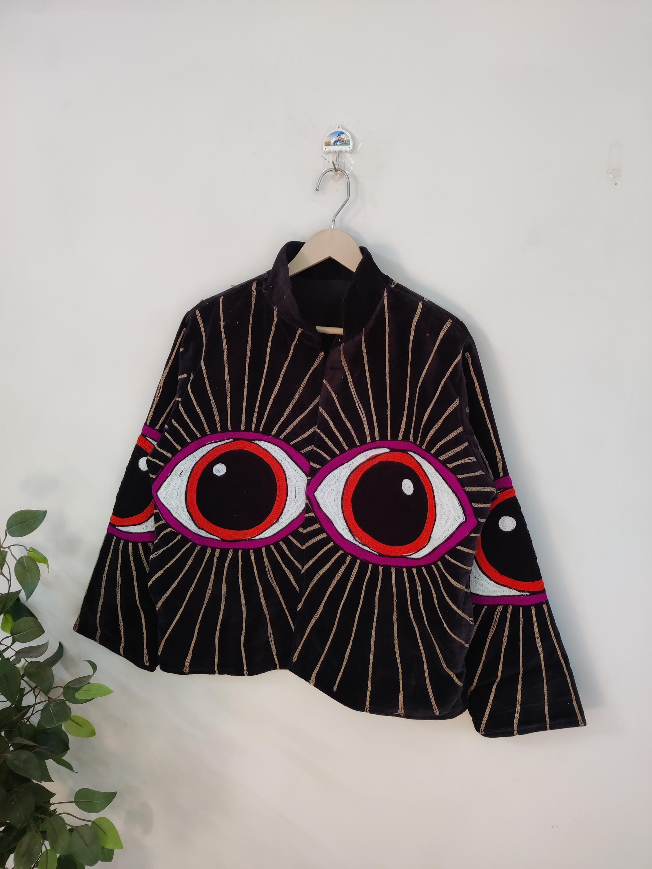 Evil Eye Suzani Embroidered Velvet Short Jacket, Handmade Vintage