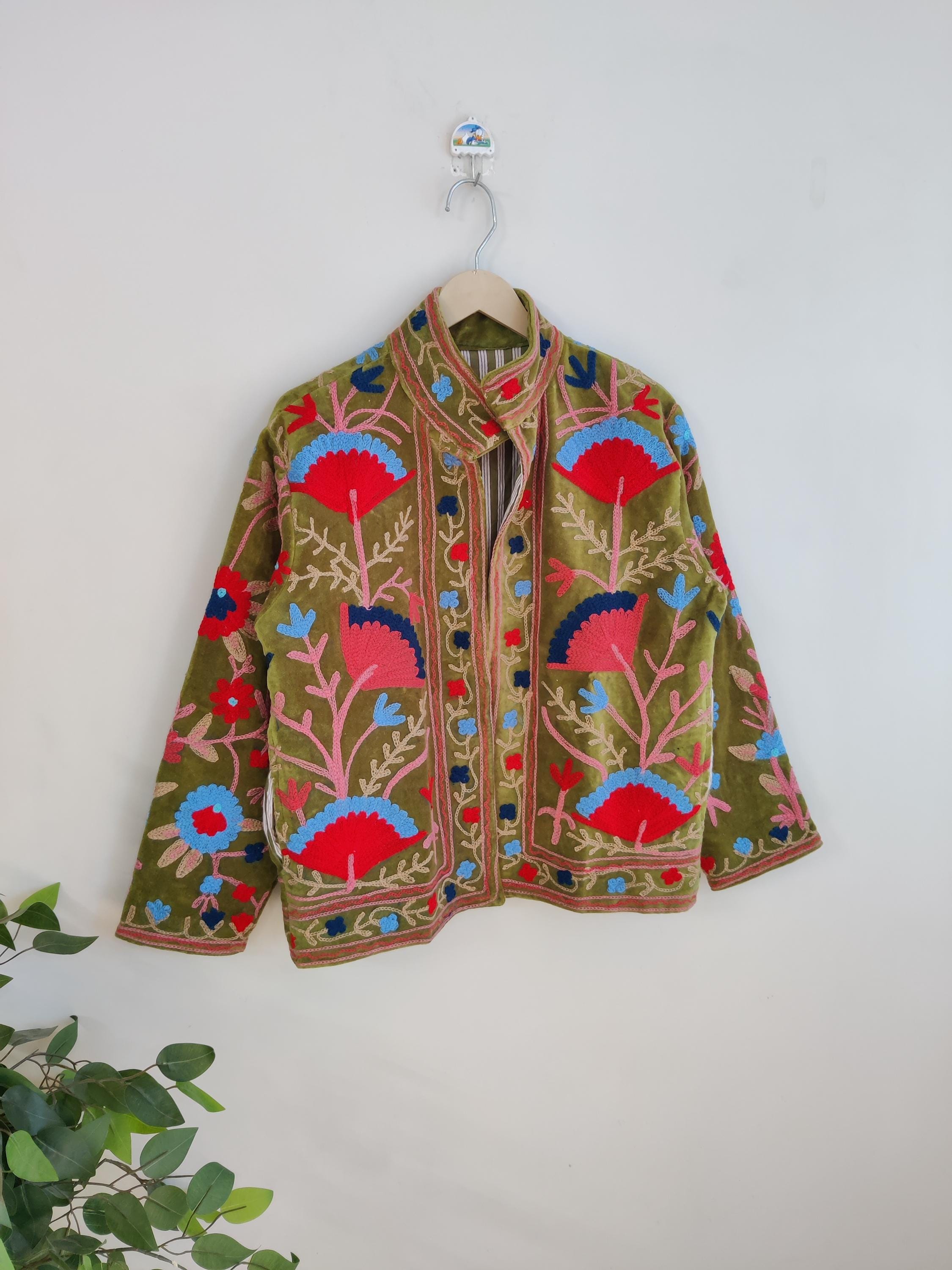 Velvet Suzani Hand Embroidery Jacket Coat, Green Women Wear Winter Velvet Suzani Hand Embroidery Jacket Coat, Green Women Wear Winter