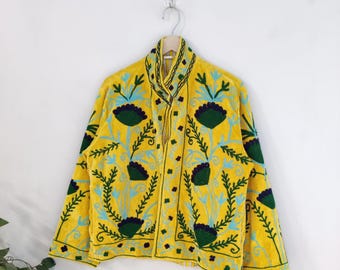 Suzani Embroidery Velvet Kimono Jacket: Handmade Boho Spring Coat