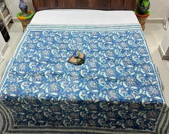 Indian Block Print Floral print Cotton Kantha Quilt, Handmade Vintage Quilts Boho Queen Size Bedding Throw Blanket Bedspread Quilted Hippie