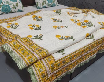 Indian Block Print Floral print Cotton Kantha Quilt Handmade Vintage Quilts Boho Queen Size Bedding Throw Blanket Bedspread Quilted Hippie,