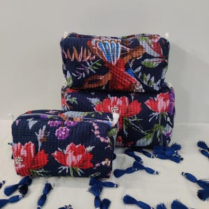 Set of 3 PC Cotton Quilted Floral Pattern Wash Bag | Ideal Gift | Handmade | Toiletry Bag |Cosmetic Bag Block Print Travel Accessory Holiday