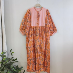 Vestido midi floral de rayas naranjas, minivestido, vestido largo con estampado de bloques, escote profundo con cierre de cordón, regalo perfecto para tus seres queridos.