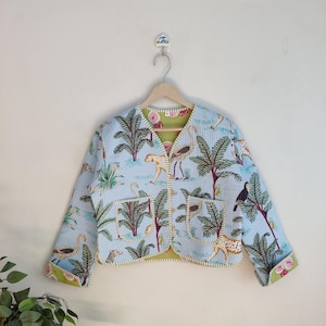 Jungle Quilted Jacket, Cotton Quilted Jacket Women Wear Front Open Kimono Stripe piping Party Wear Jacket, Winter Wear Jacket, Free Shipping