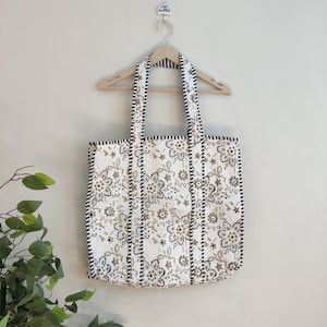White Quilted Cotton Handprinted Reversible Large Floral Stripe Tote Bag | Sustainable Sturdy Grocery Shopping Handmade Artist Boho for Gift