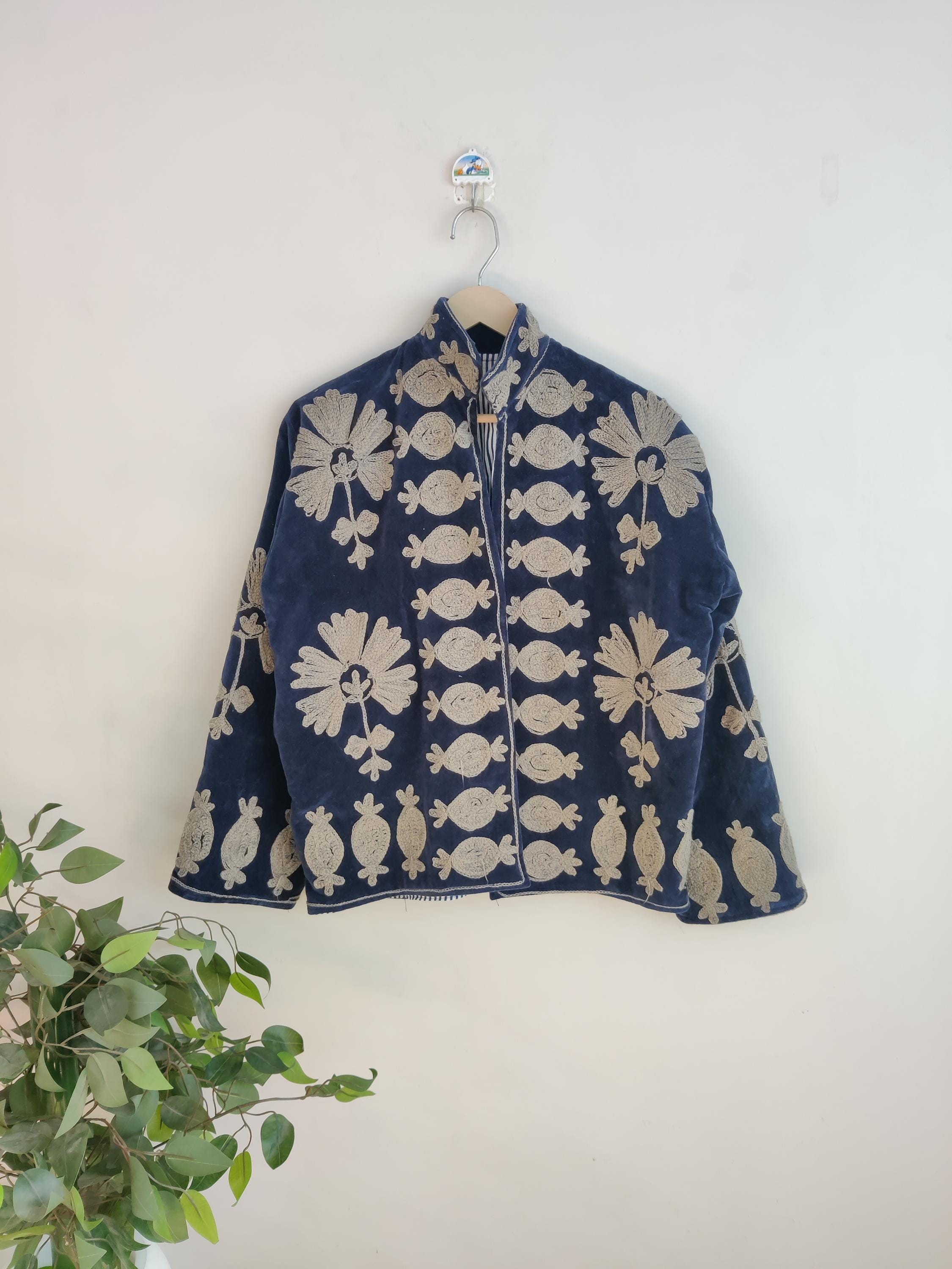 Blue Velvet Handmade Suzani Embroidery Jacket for Women – Bohemian