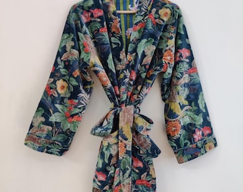 Indian Floral Print Velvet Kimono Robes, Morning Tea Velvet Coat, Bridesmaid Robe, Women Wear Cotton Velvet robe, Velvet Jacket Bridal Robe
