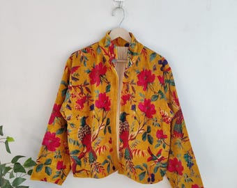 Yellow Bird Print Velvet Kimono Robes, Morning Tea Velvet Coat, Bridesmaid Robe, Women Wear Cotton Velvet robe, Velvet Jacket, Bridal Robe