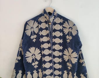 Blue Velvet Handmade Suzani Embroidery Jacket for Women – Bohemian Vintage Style Coat – Colorful Floral Suzani Jacket, Perfect Gift for her