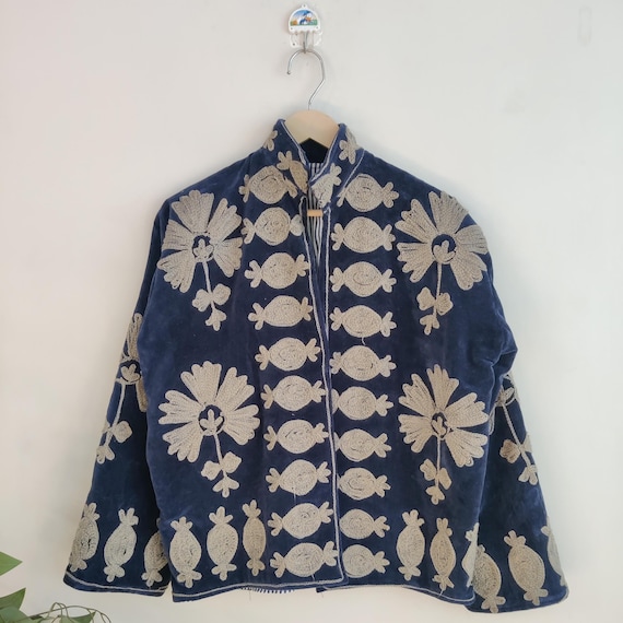 Blue Velvet Handmade Suzani Embroidery Jacket for Women – Bohemian Vintage Style Coat – Colorful Floral Suzani Jacket, Perfect Gift for her