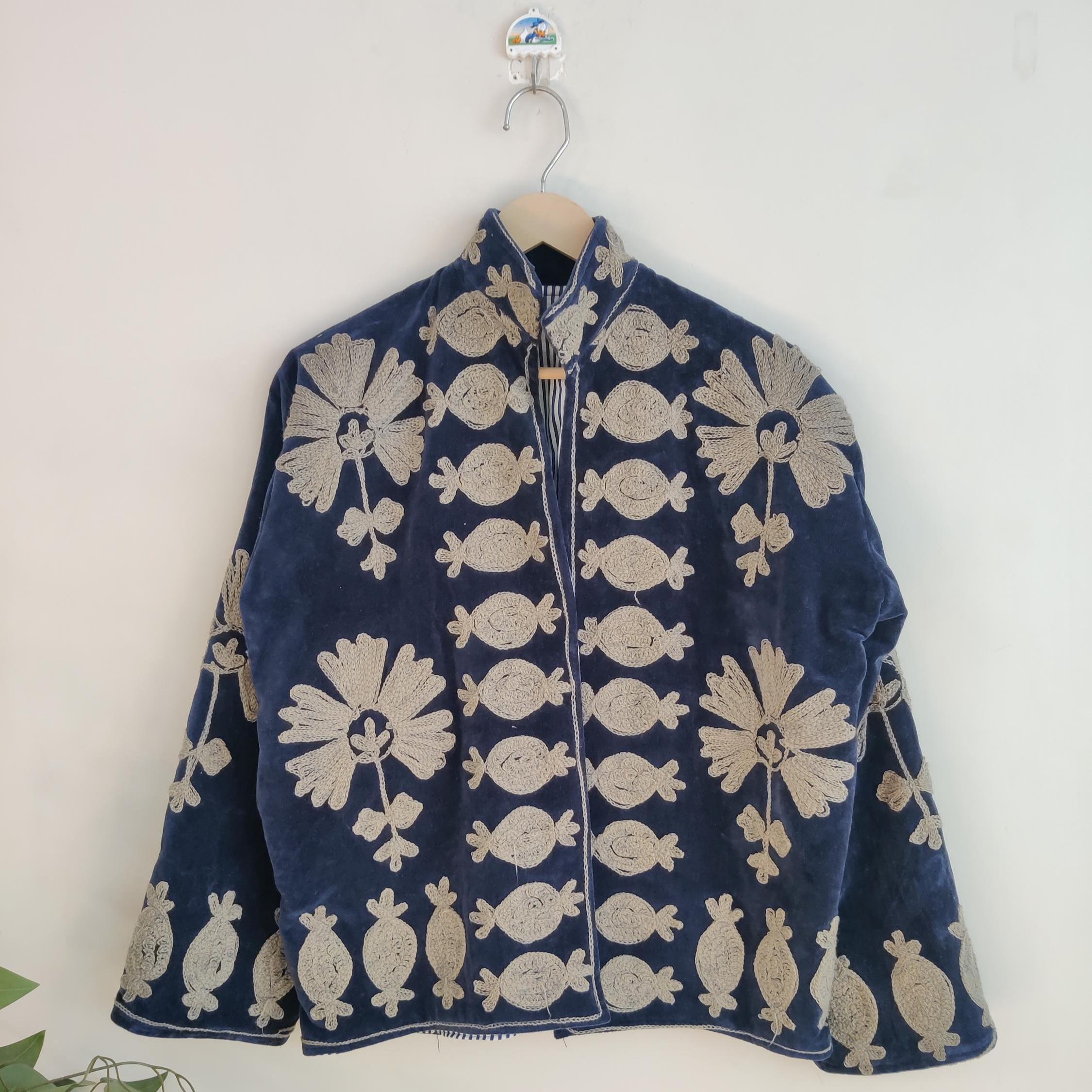 Blue Velvet Handmade Suzani Embroidery Jacket for Women – Bohemian