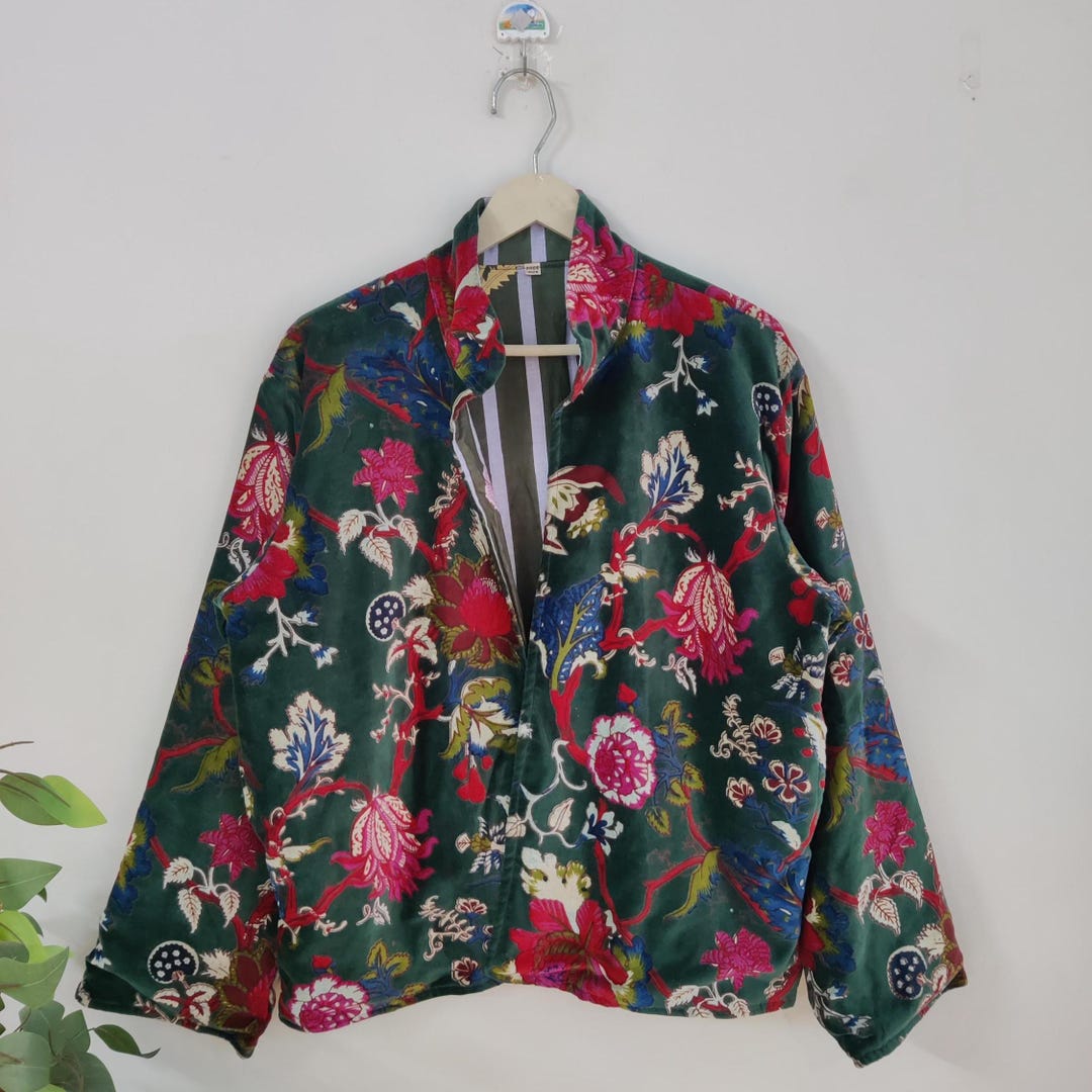 Jacket Like A Robe Green Floral Print Velvet Jacket Robes, Morning Tea Velvet Coat ...