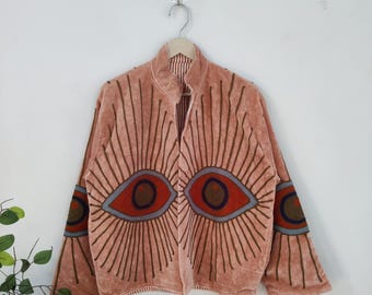 Eye Embroidery Suzani Jacket – Bohemian Handmade Embroidery Outerwear, Spiritual Evil Eye Protection Coat, Festival & Artistic Suzani Jacket