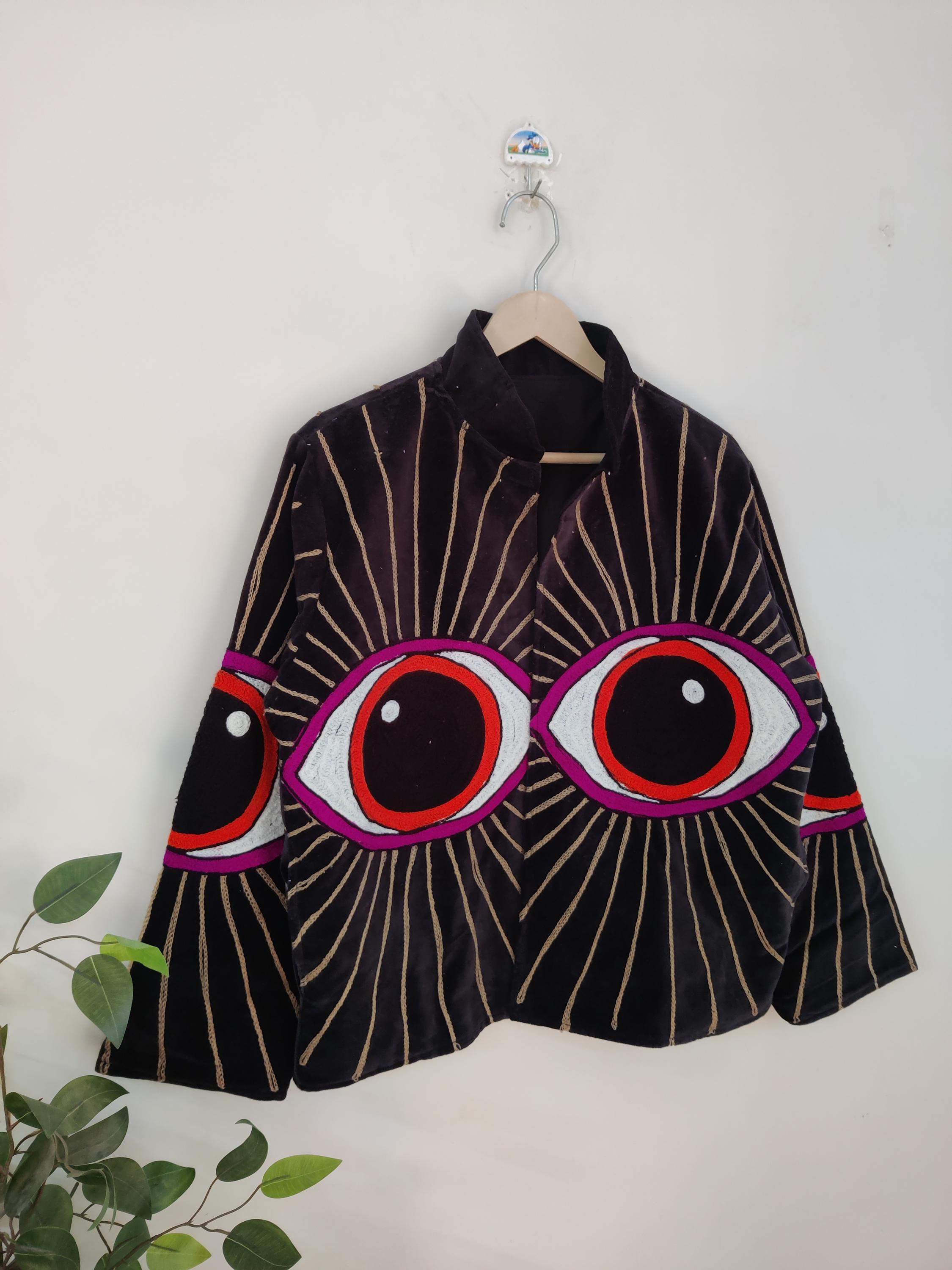 Evil Eye Suzani Embroidered Velvet Short Jacket, Handmade Vintage