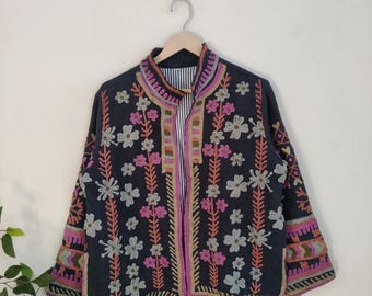 Indian Suzani Embroidery Jacket, Cotton Suzani Coat, Winter Wear Jacket Coat, Suzani Short Jacket, Hand Embroidered Jacket For Women