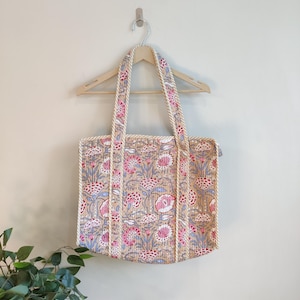 Quilted Cotton Hand printed Reversible Large Carry Bag Floral Tote Bag Eco friendly Sustainable Sturdy Grocery Shopping Handmade Art Boho