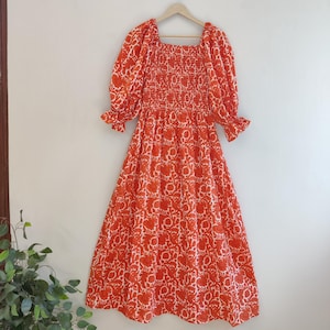 Vestido de mujer, vestido de algodón naranja con estampado de bloques a mano, vestido largo para mujer, vestido largo con escote cuadrado y fruncido, vestido de verano de algodón