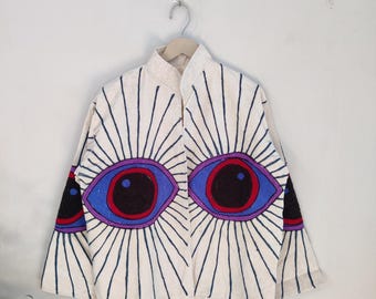 Eye Embroidery Velvet Jacket – Handmade Boho Statement, Festival Wear, Artistic Outerwear by local | Fuchsia
