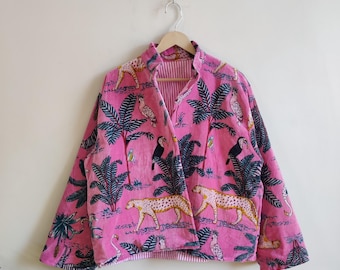 Pink Jungle Print Velvet Kimono Jacket, Morning Tea Velvet Coat, Bridesmaid Robe, Women Wear Cotton Velvet robe, Velvet Jacket, Bridal Robe