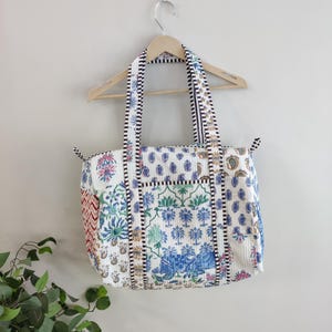 Quilted Patchwork Duffle Tote Shoulder Bag Cotton Eco friendly Sustainable Sturdy Travel | Yoga Shopping Beach Artist Boho Best For Gift