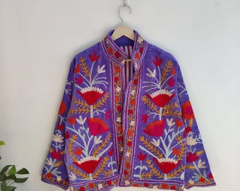Handmade Velvet Suzani Jacket, Embroidered Velvet Jacket, Winter Jacket, Hippie Short Jacket, New Floral Embroidery Suzani Coat,Gift For Her