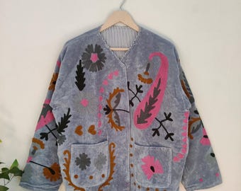 Handmade Velvet Suzani Embroidered Jacket | Boho Folk Art Outerwear | Colorful Floral Festival Coat