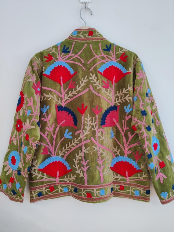 Velvet Suzani Hand Embroidery Jacket Coat, Green Women Wear Winter