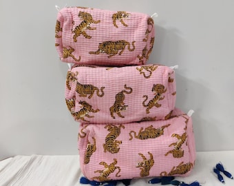 Peach Tiger Print Cotton Quilted Pouch Bag, Cosmetic Bag, Tiger Print Set of 3 Bags, Makeup Case, Makeup Bag, Best Gift Ideas, Gift For Her,