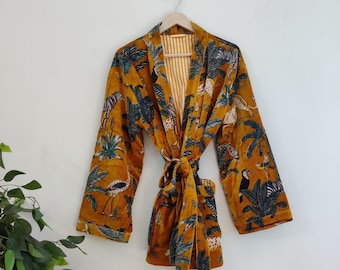 Jungle Print Velvet Kimono Robes, Morning Tea Velvet Coat, Bridesmaid Robe, Women Wear Cotton Velvet robe, Velvet Jacket, Unique Bridal Robe