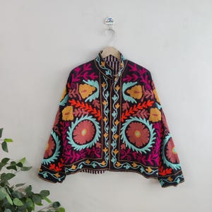 Indian Suzani Embroidery Jacket, Cotton Suzani Coat, Winter Wear Jacket Coat, New Suzani Short Jacket Rare Hand Embroidered Jacket For Women