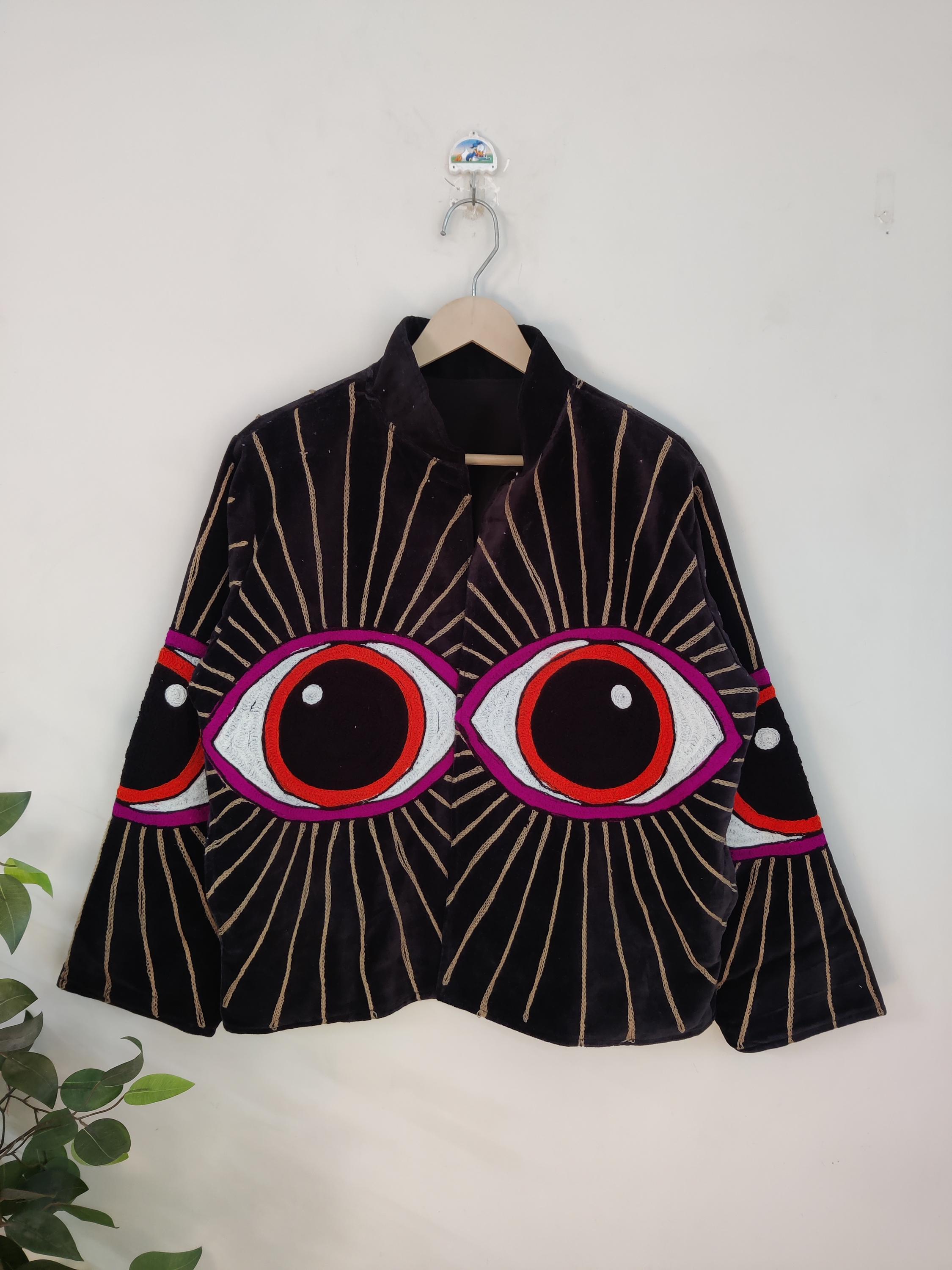 Evil Eye Suzani Embroidered Velvet Short Jacket, Handmade Vintage