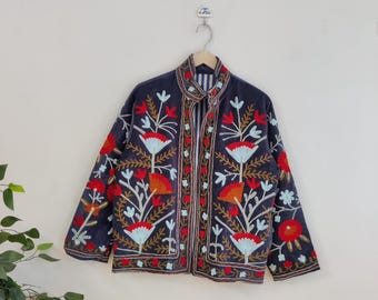 Latest Suzani Embroidered Velvet Short Jacket, Handmade Vintage Jacket, Floral Suzani Jacket, Pure Velvet Jacket, Boho & Hippie,Gift For Her