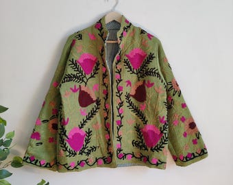 Unique Hand Embroidered Suzani Jacket - Cotton Suzani Jacket, TNT Khadi Fabric, Bohemian Women Suzani Coat, Embroidered TNT Suzani Jacket
