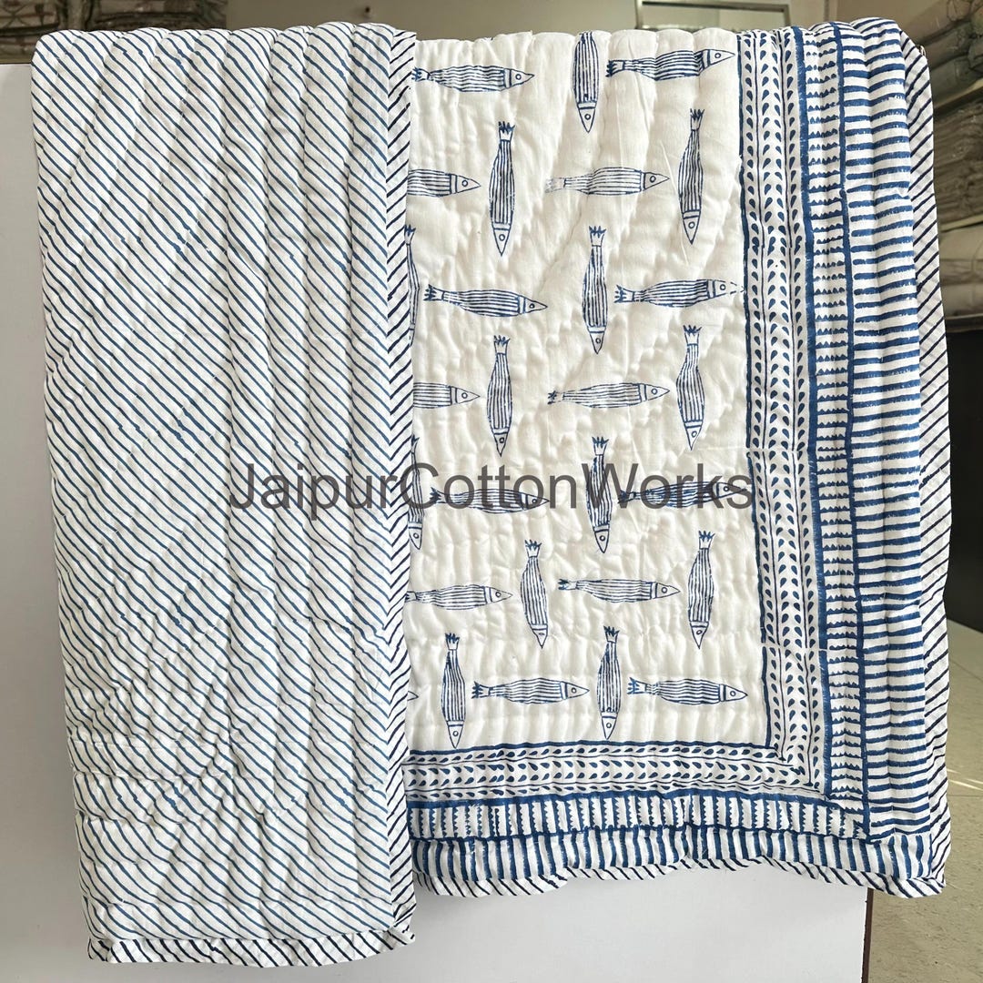 Fish Bedspread Beautiful Fish Design Block Print Cotton Comforter, Handmade Baby Quilt ...