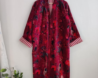 Dreamy Bird Print Velvet Kimono Robes, Morning Tea Velvet Coat, Bridesmaid Robe, Women Wear Cotton Velvet robe, Velvet Jacket, Bridal Robe