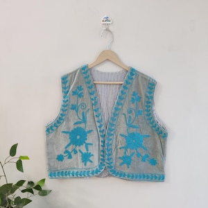 Boho Velvet Suzani Vest Jacket | All Season Jacket | Embroidered Vest Coat | Velvet Cotton Short Jacket | Suzani Vest Coat Jacket | One Size