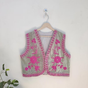Suzani Embroidered Jacket, Handmade Vest, Cotton Velvet Jacket, Boho Blouse, Embroidered Vest Coat, Short Jacket, Gift For Her/Mom, One size